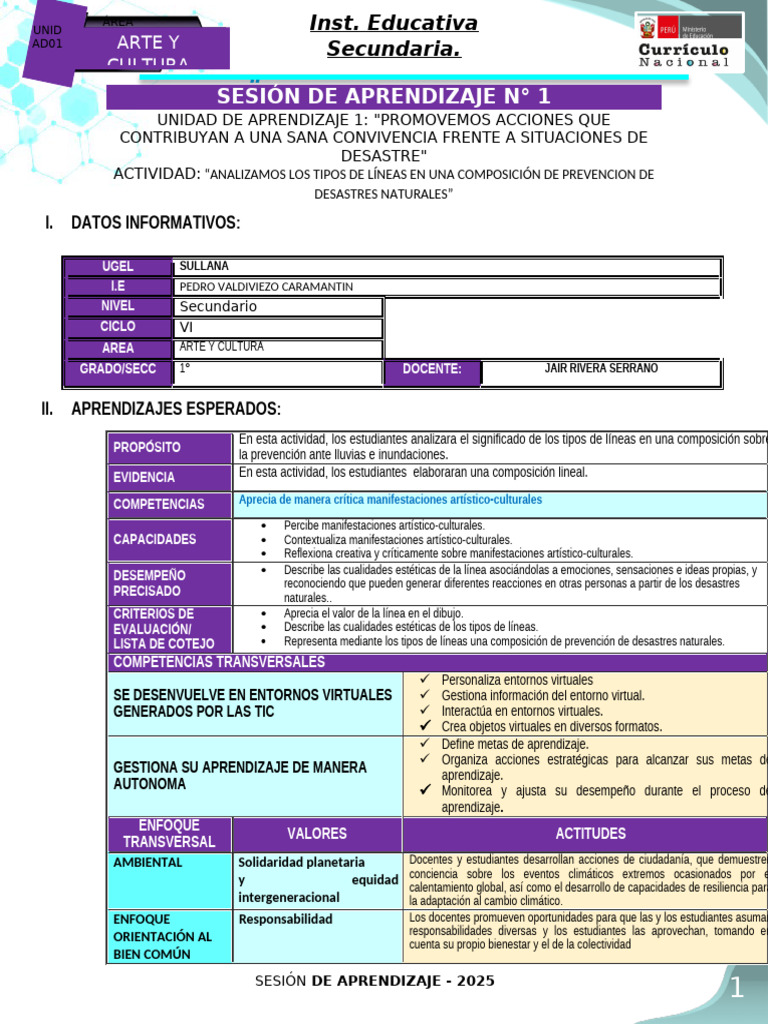 SESIÓN 1 (U1) Ciclo VI (1°) - ARTE y CULTURA | PDF | Aprendizaje | Maestros