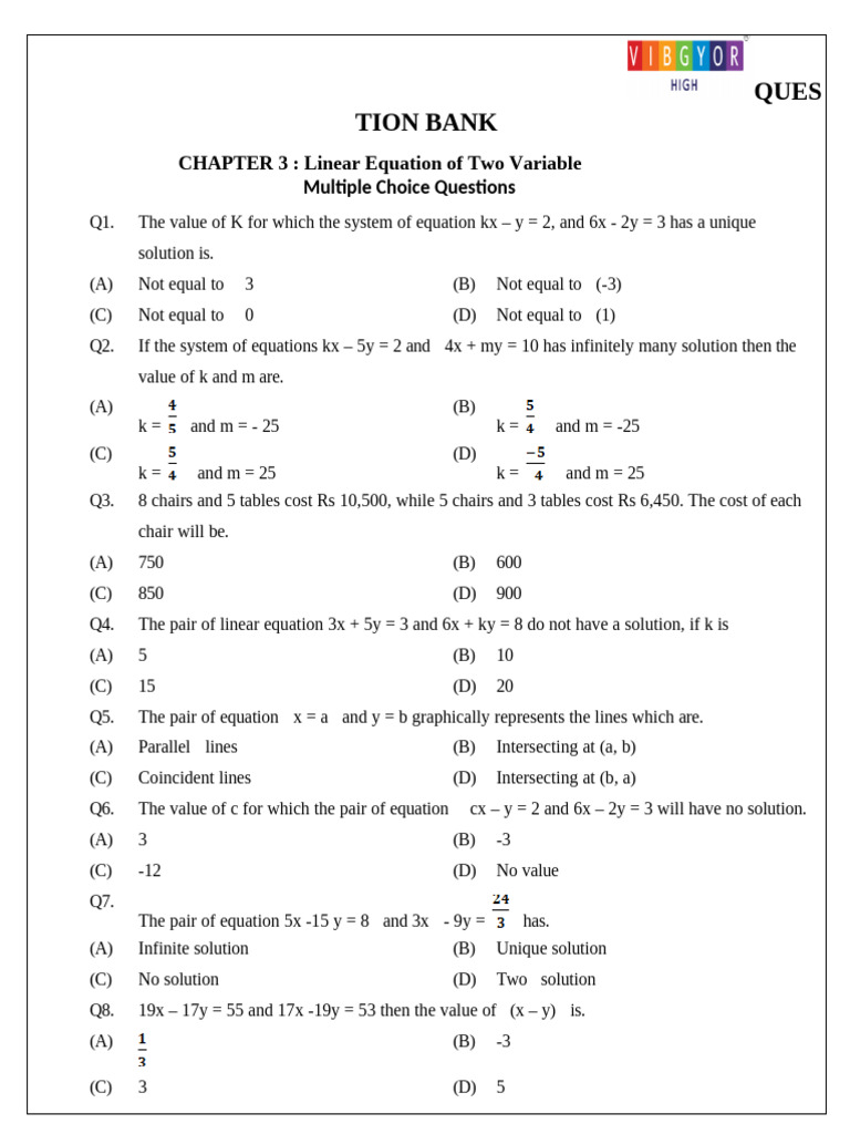 Chapter 3 Linear Equation In Two Variable Pdf Equations Algebra
