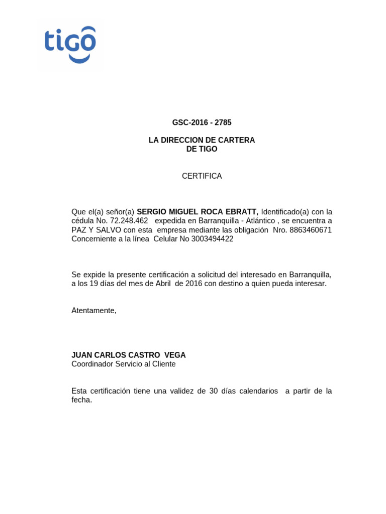 Certificación Paz y Salvo Tigo 2016 | PDF