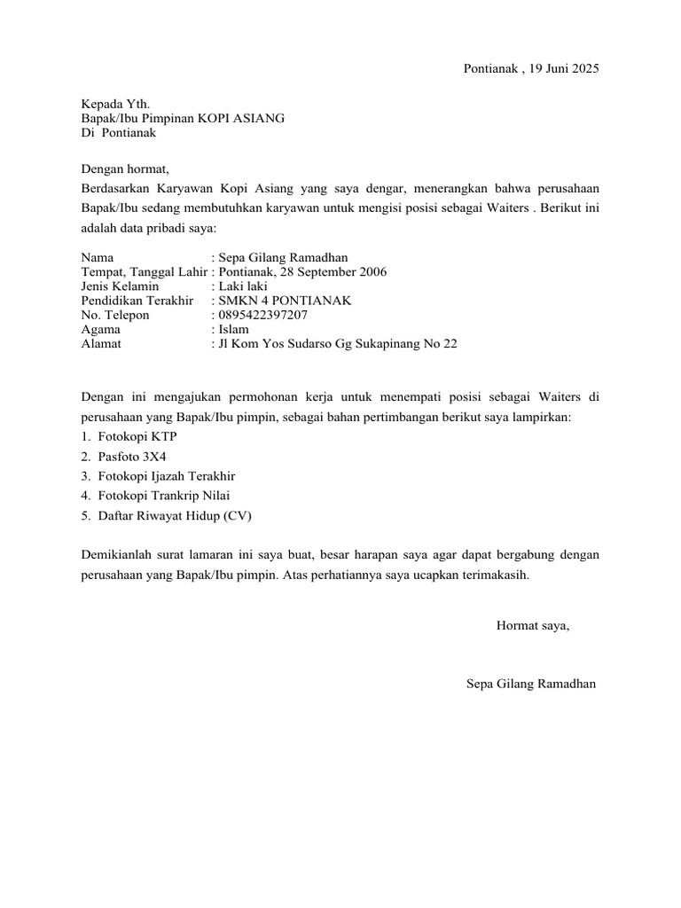 Lamaran Kerja Waiters di Kopi Asiang | PDF