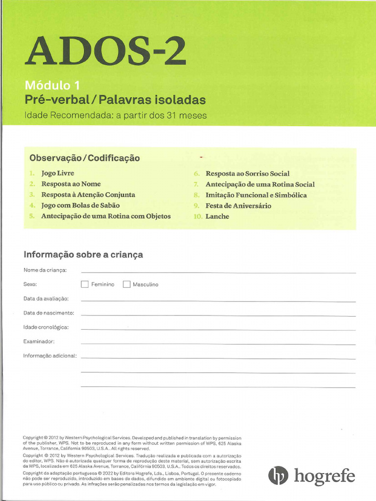 ADOS - 2 Módulo 1 - Pré-Verbal e Palavras Isoladas - Idade Recomendada ...