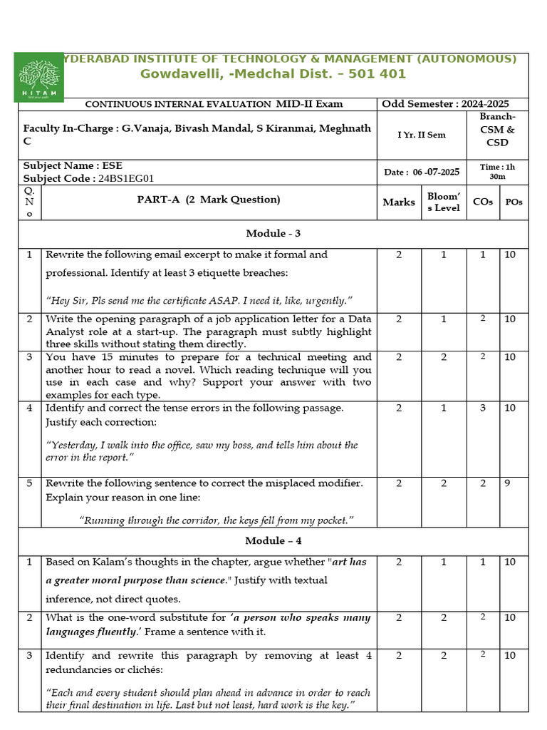 Continuous Internal Evaluation Exam 2024-25 | PDF | Thought | Essays