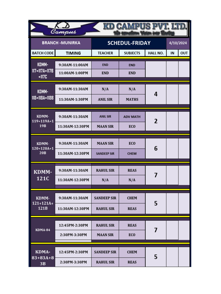 Friday Class Schedule Overview | PDF