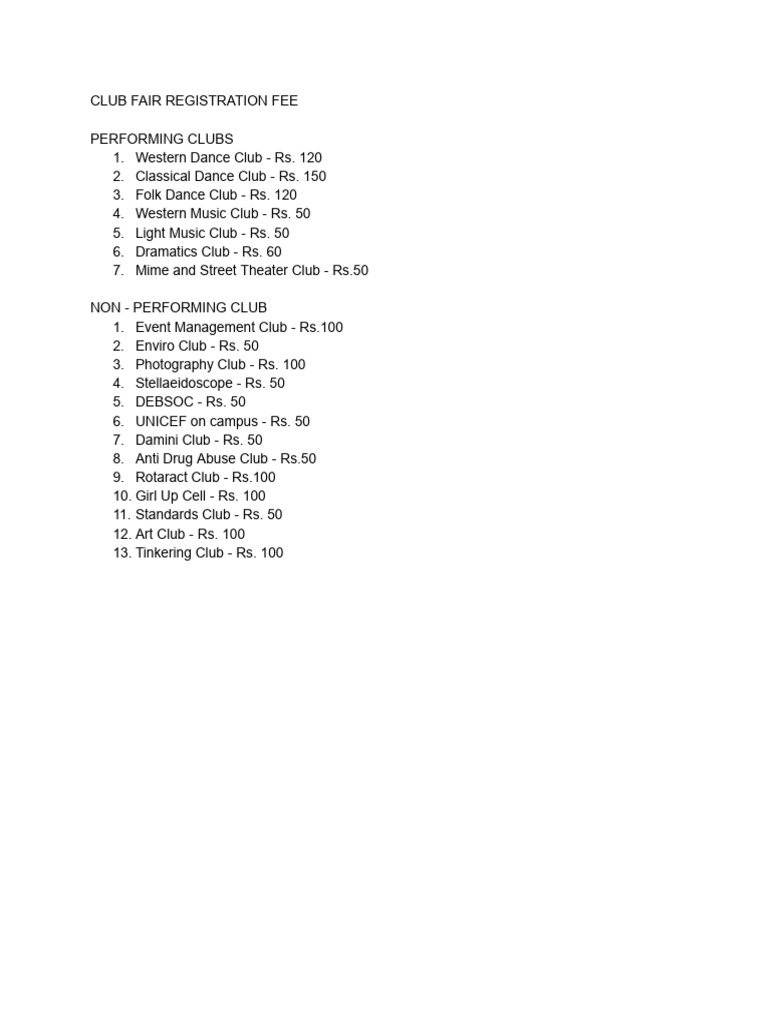 Club Registration Fee Structure | PDF