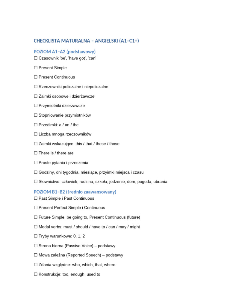 Checklist Angielski Matura A1-C1 | PDF