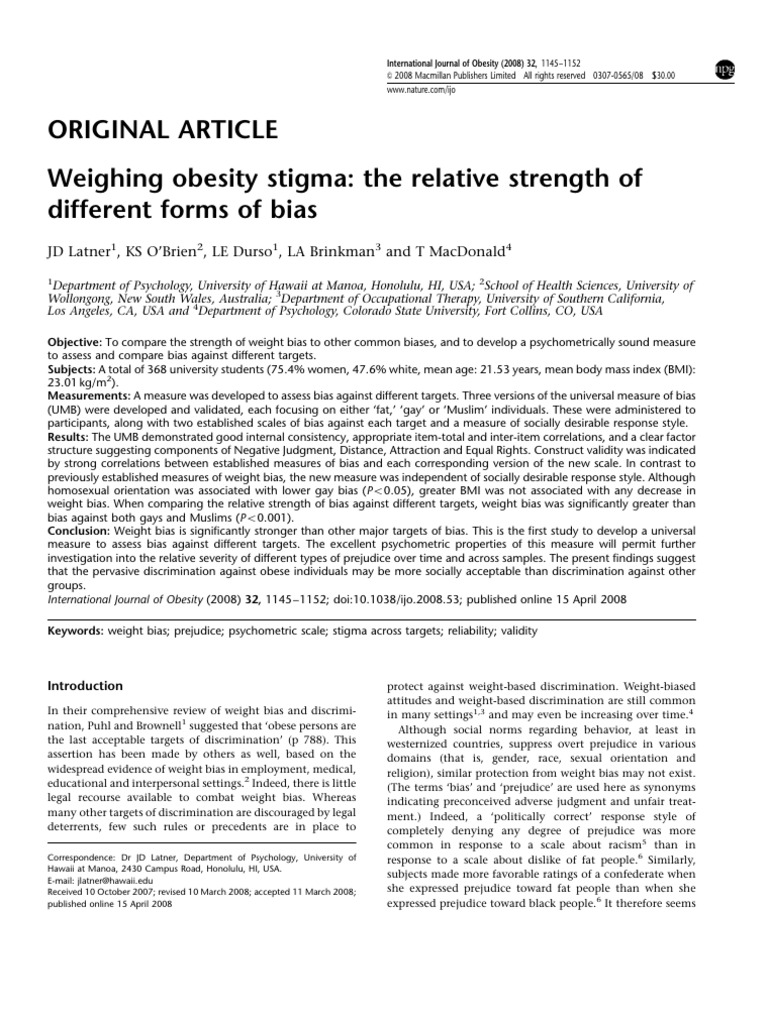 Weight Bias vs. Other Prejudices: Study Findings | PDF | Bias | Body ...
