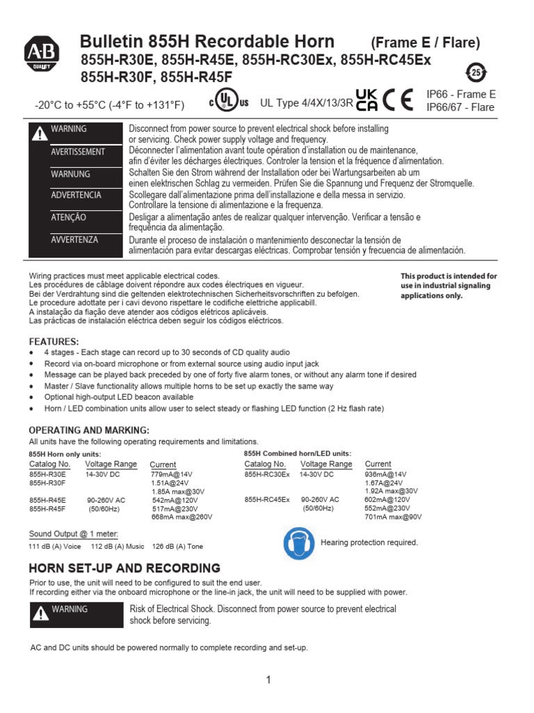 855H Recordable Horn Manual | PDF | Direct Current | Alternating Current