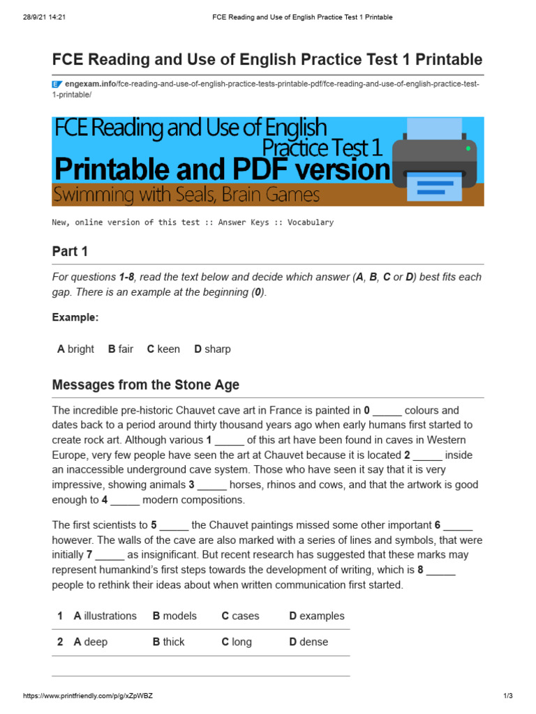 Fce Reading And Use Of English Practice Test 1 Printable Pdf