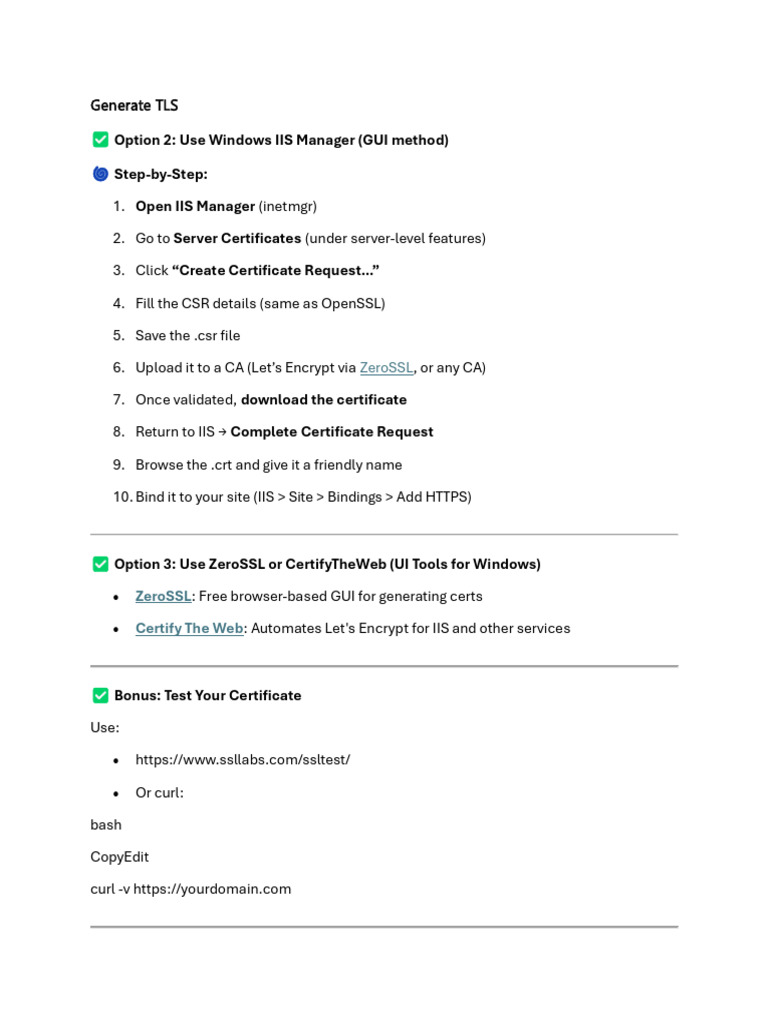 TLS Certificate Generation for IIS | PDF