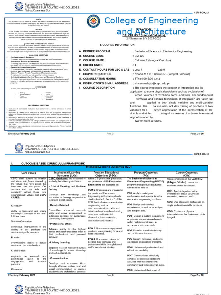 Calculus 2 Syllabus for Electronics Engineering | PDF | Integral ...
