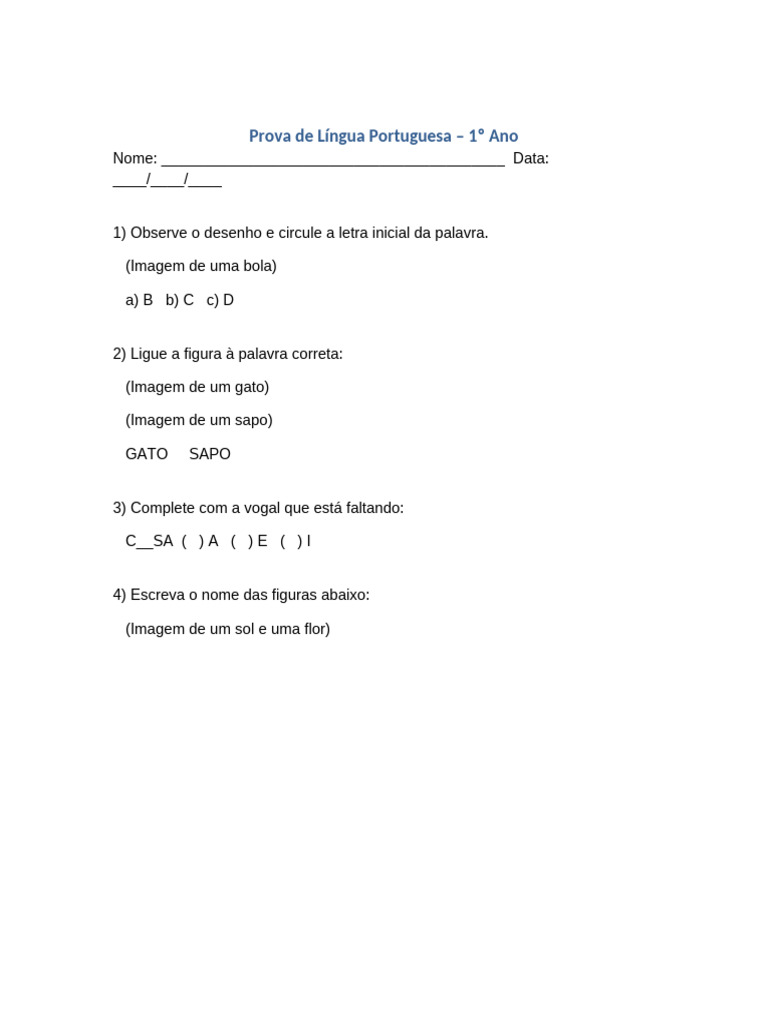 Prova de Língua Portuguesa e Matemática 1º Ano | PDF