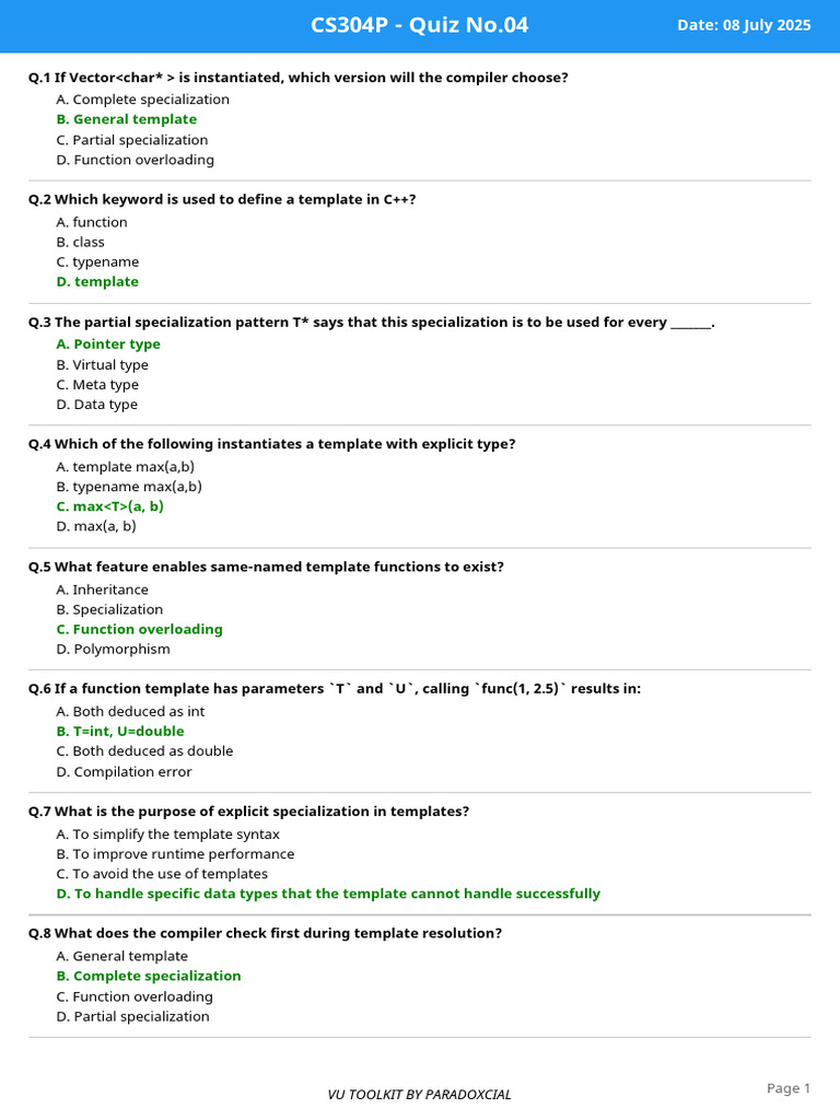 C++ Template Quiz Questions and Answers | PDF