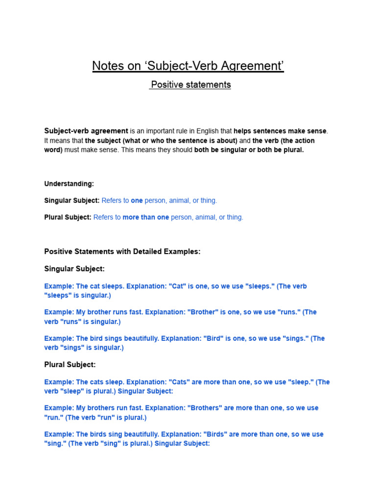 Notes On Subject-Verb Agreement' | PDF | Grammatical Number | Plural