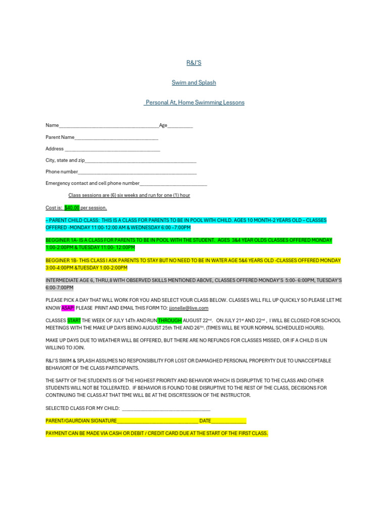 R&j's Swim and Splash Sign Up Form Copy 2 | PDF | Payments | Banking ...
