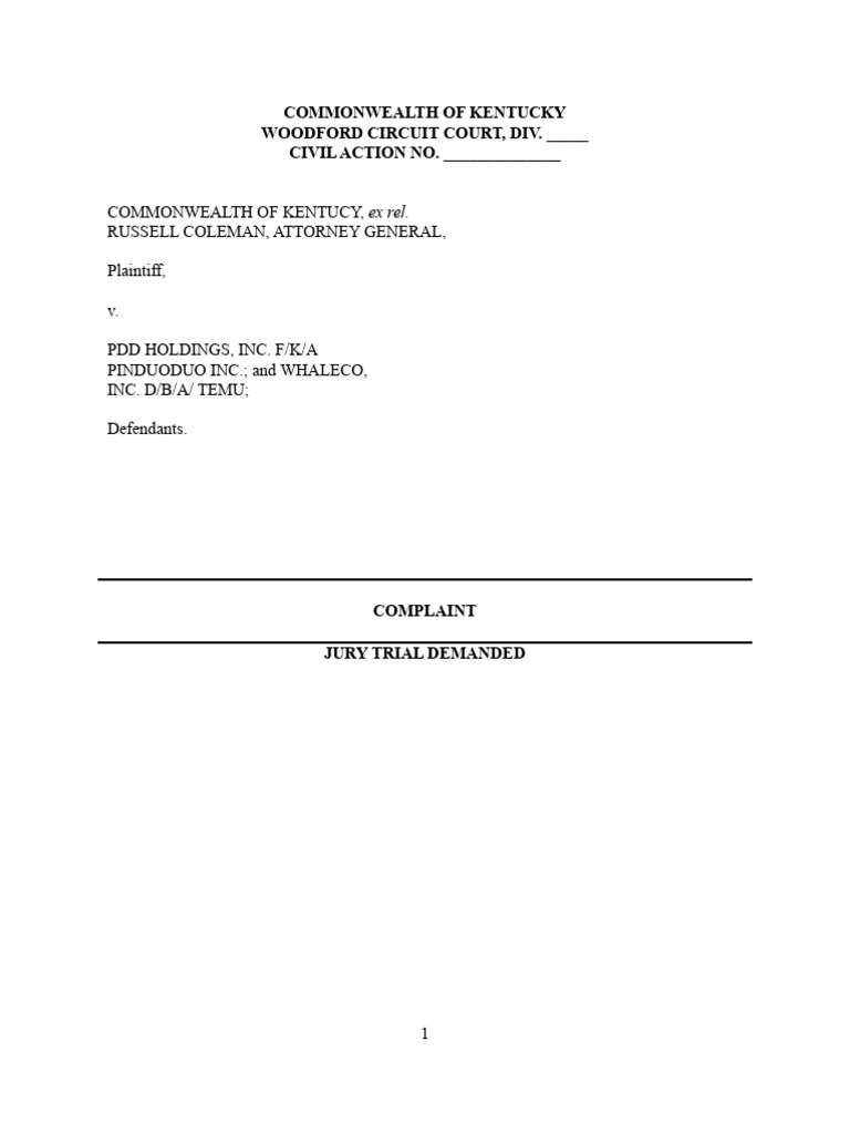 2025.07.17 ACCEPTED Temu Complaint - Kentucky | PDF | Cause Of Action |  Computer Security