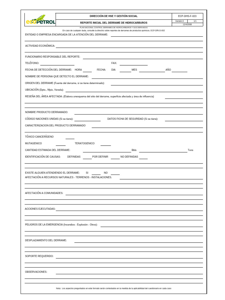 Reporte Inicial de Derrame de Hidrocarburos | PDF