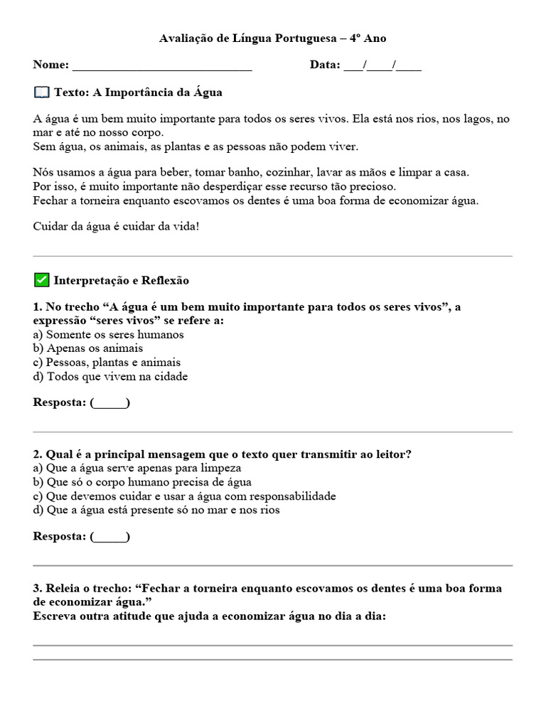 Avaliação de Língua Portuguesa 4 Ano | PDF