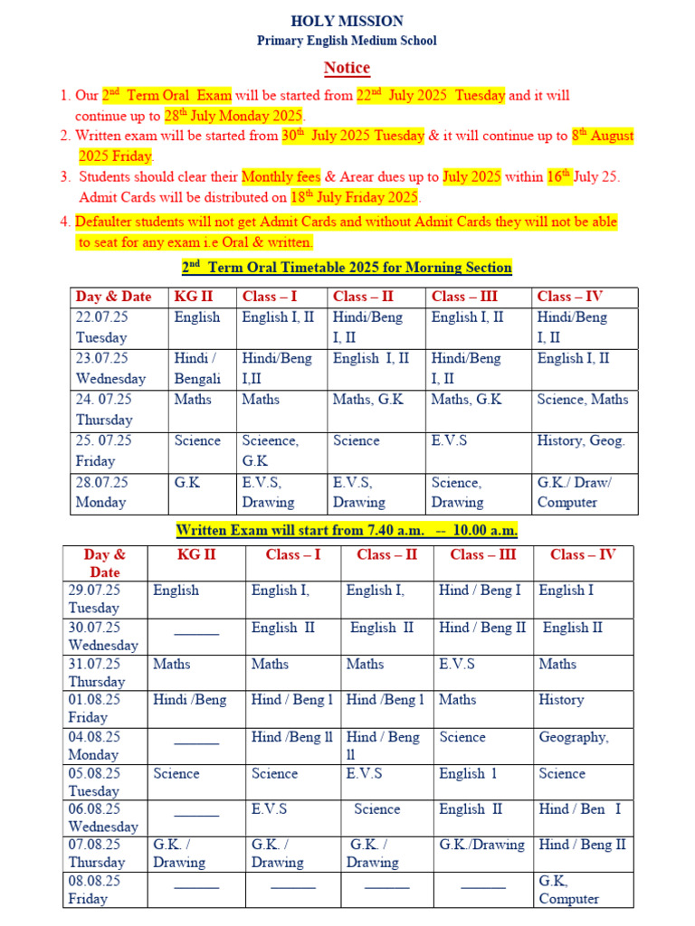 2nd Term Oral Exam Schedule 2025 | PDF