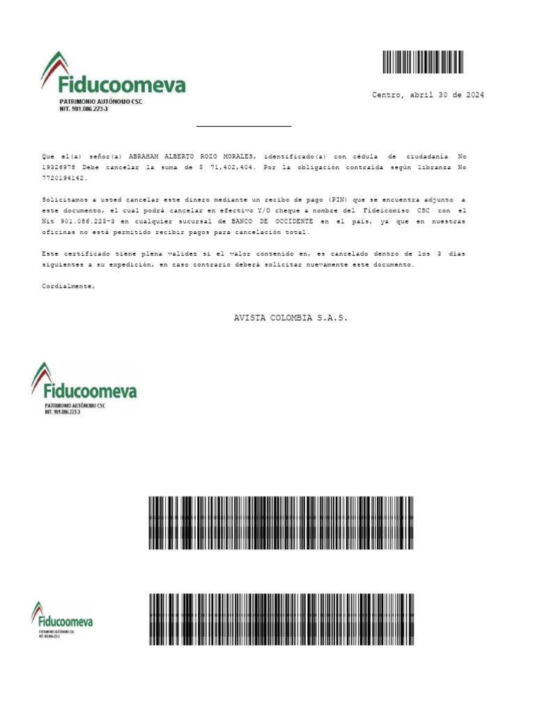 Certificación de Deuda: A. Alberto Rozo | PDF | Finanzas personales ...