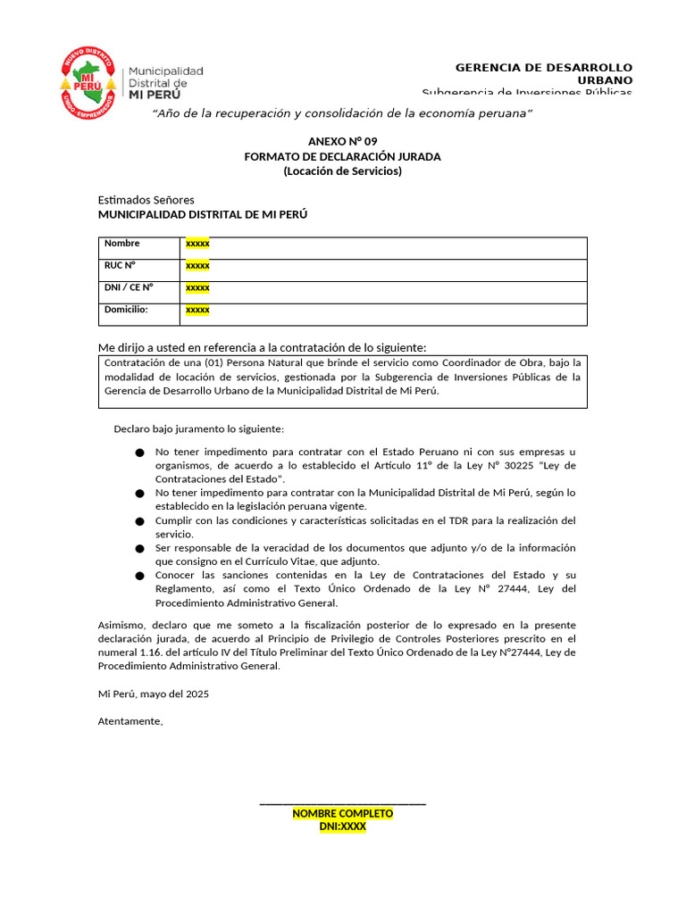 Declaración Jurada para Contratación de Servicios | PDF