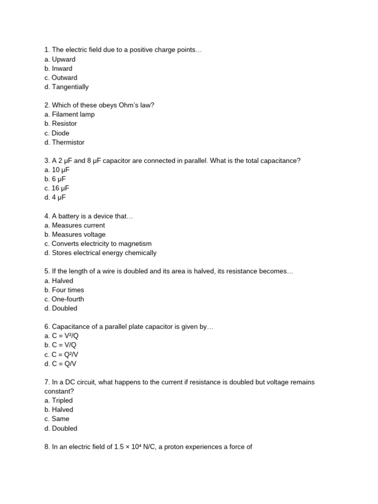 Electrical Concepts Quiz Questions | PDF | Capacitor | Series And ...