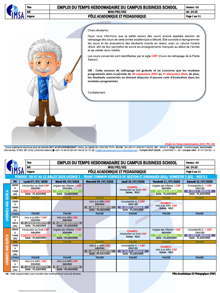 Emploi du Temps S2 Licence 1 2025 | PDF | Business | Direction