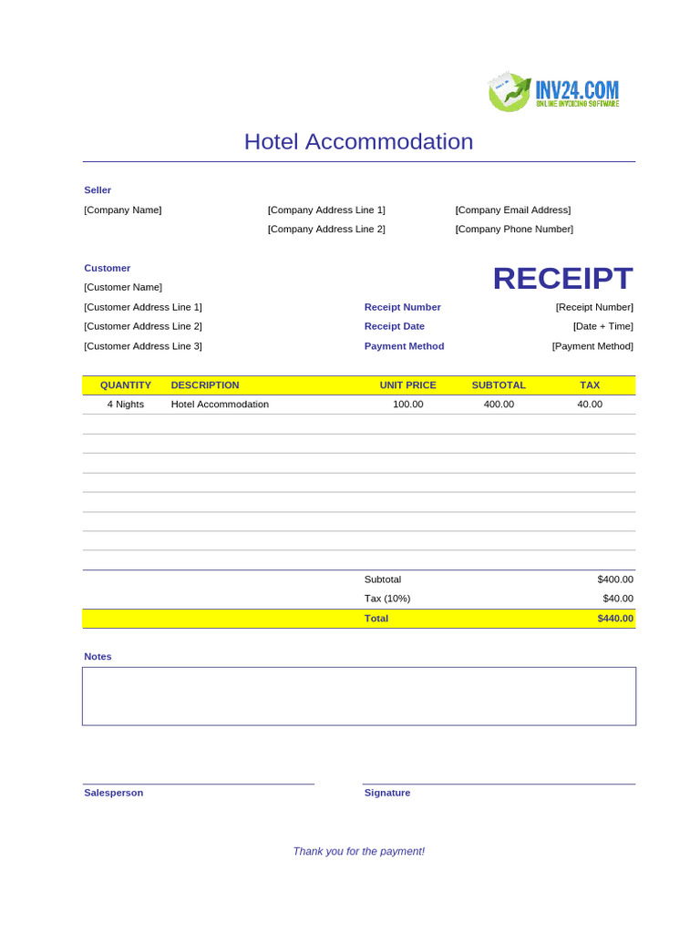 Hotel Accommodation Receipt Template | PDF