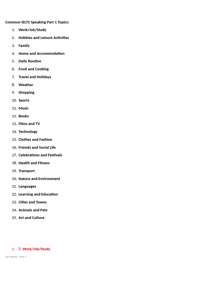 IELTS Speaking Part 1 Topics Overview | PDF | Physical Fitness | Hobbies
