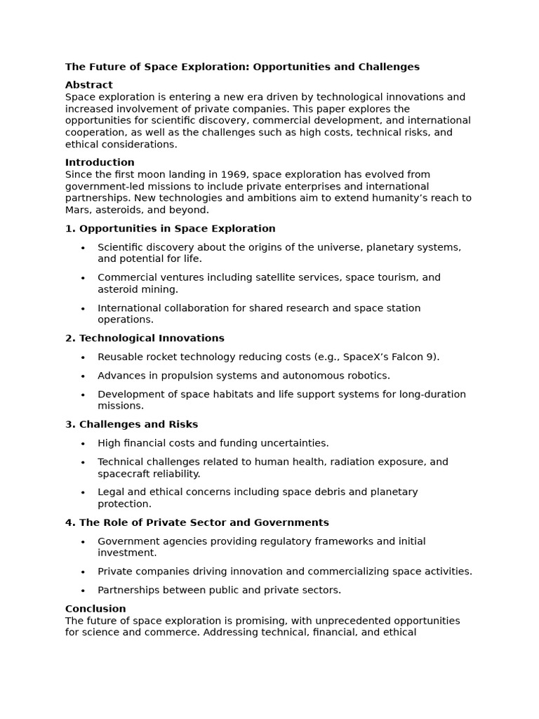 The Future of Space Exploration: Opportunities and Challenges | PDF