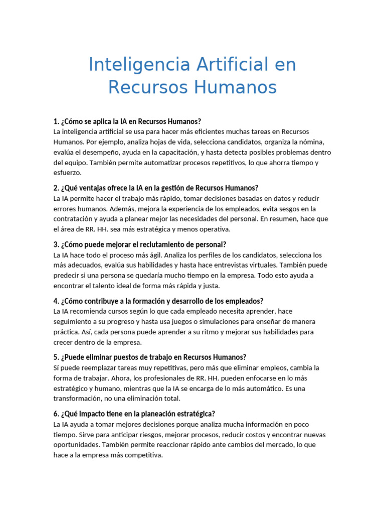 IA en Recursos Humanos: Ventajas y Aplicaciones | PDF