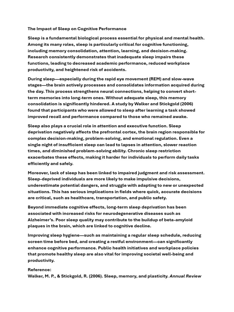 Sleep's Role in Cognitive Performance | PDF | Sleep | Sleep Deprivation