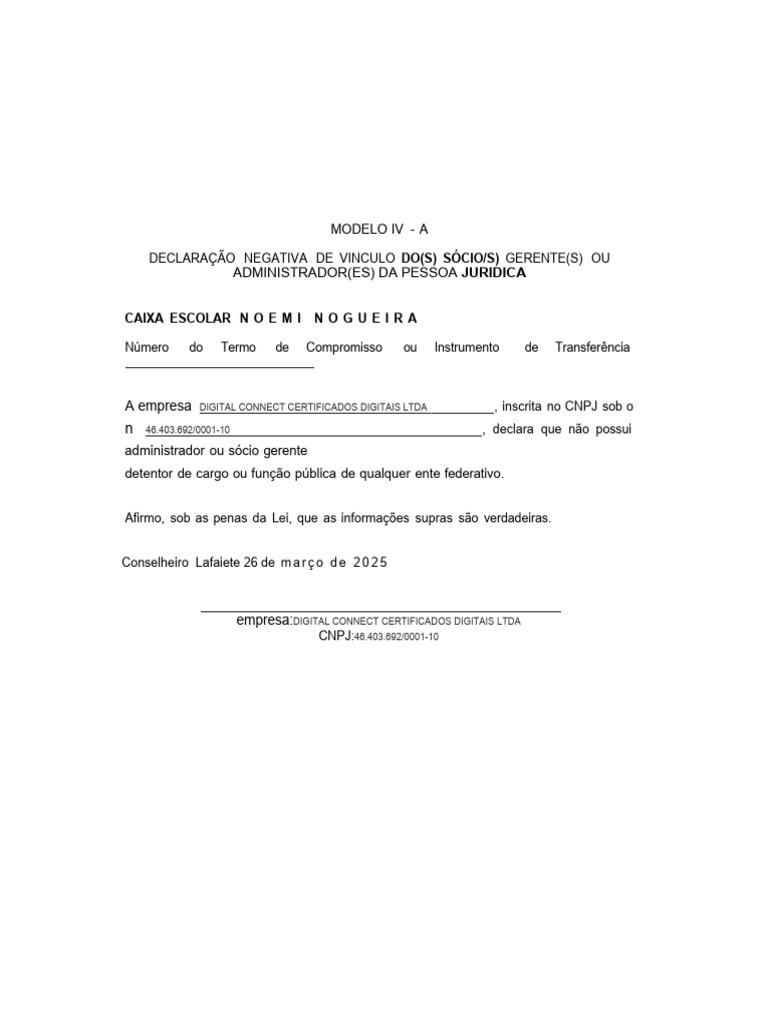 Declaração Negativa de Vínculo Administrativo | PDF