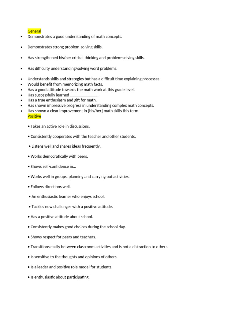 Math Report Card Comments Guide | PDF | Teaching Mathematics | Teachers