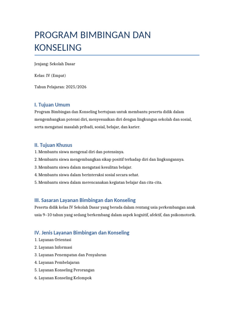 Program BK Kelas IV SD 2025/2026 | PDF