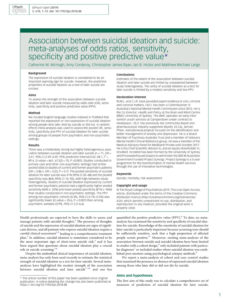 Association Between Suicidal Ideation and Suicide Meta-Analyses of Odds ...