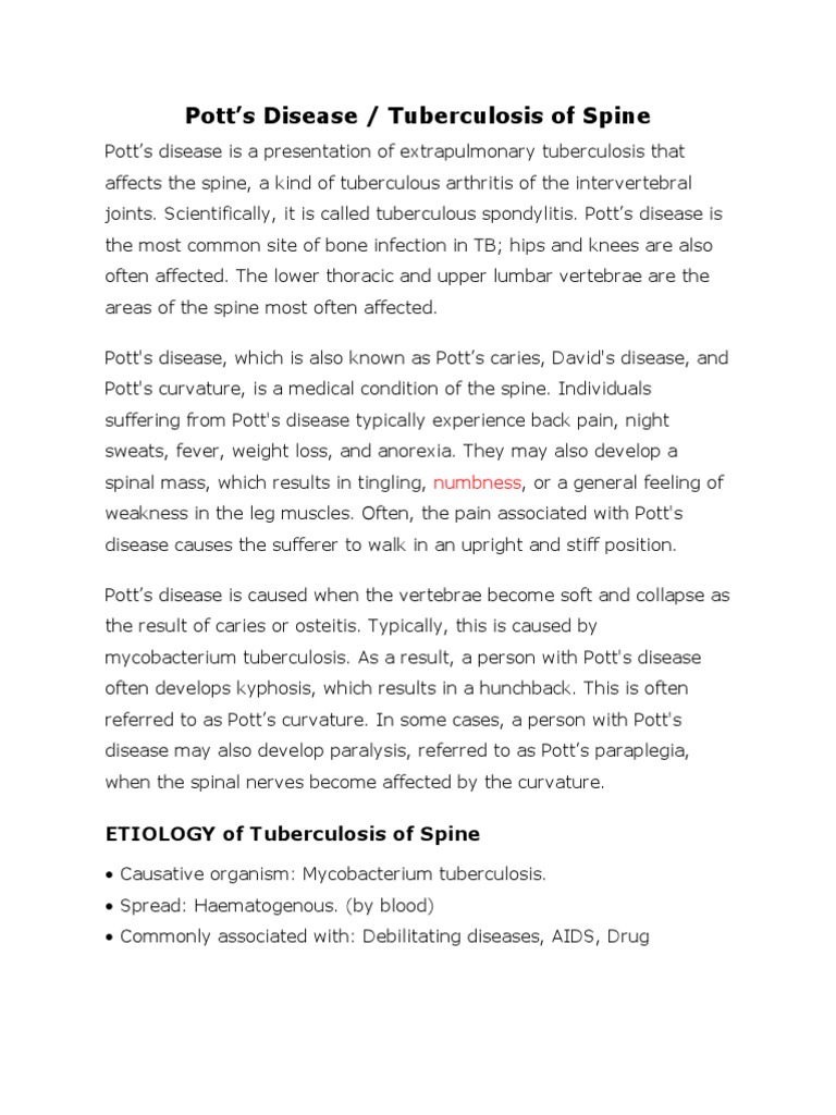 Pathophysiology, Presentation, Diagnosis and Management of Pott's