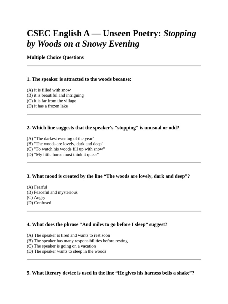 CSEC English A: Unseen Poetry Quiz | PDF