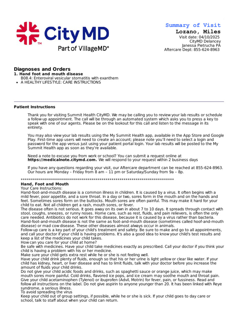CityMD Visit Summary: Hand-Foot-Mouth Disease | PDF | Medical ...