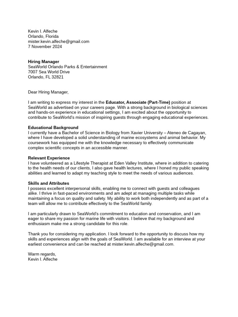 Application for SeaWorld Educator Role | PDF