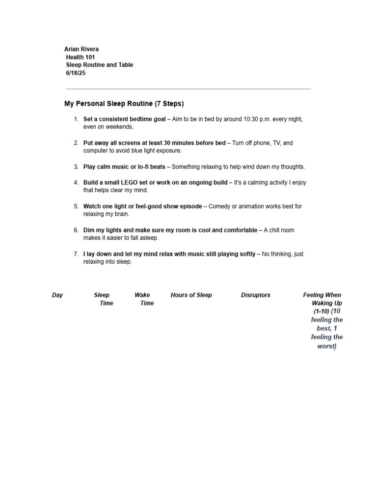 Personal Sleep Routine Guide | PDF | Sleep