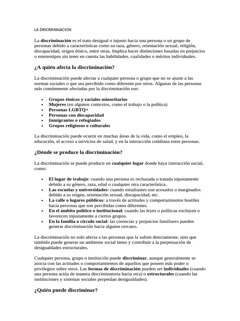 La Dricriminacion | PDF | Discriminación | Discriminación y relaciones ...