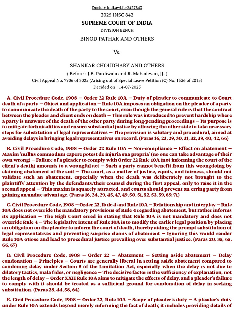 Order 22 Rule 10A: Pleader's Duty Explained | PDF | Lawsuit | Appeal