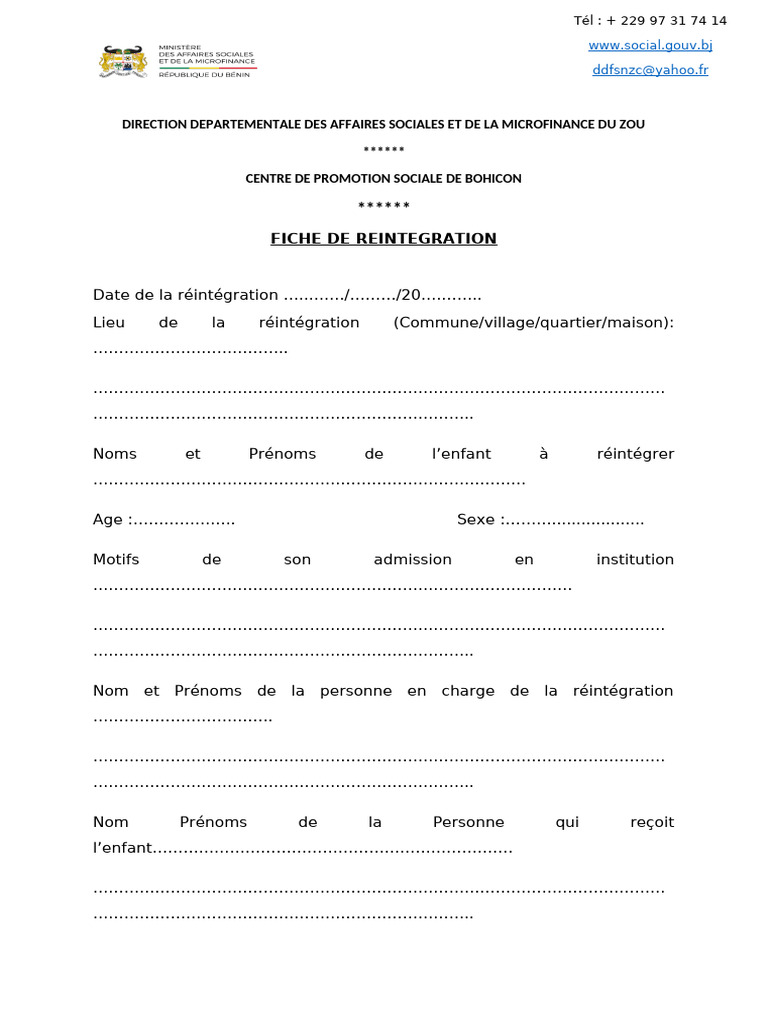 Fiche de Réintégration d'Enfant | PDF