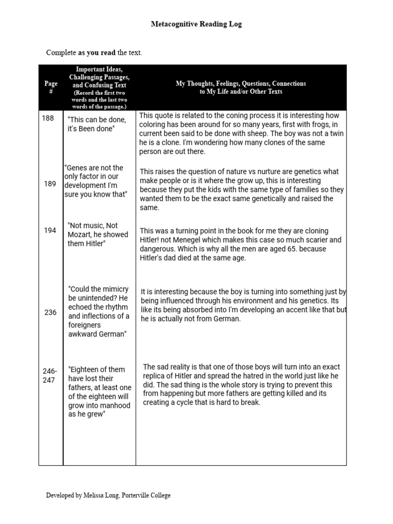 Reading Log chapters 6-7 The Boys from Brazil | PDF