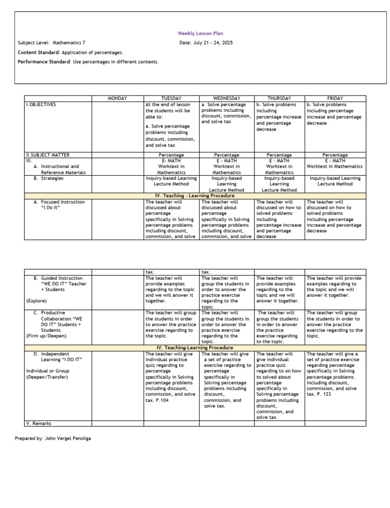 Weekly Math Lesson Plan on Percentages | PDF | Inquiry Based Learning ...