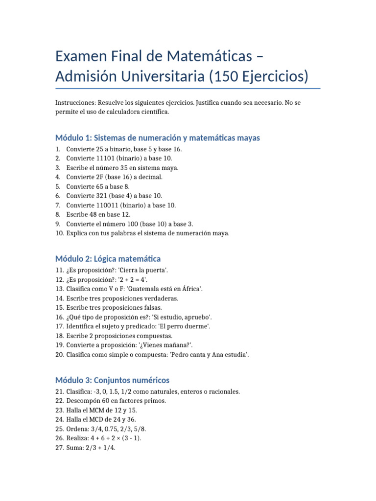 Examen Final de Matemáticas: 150 Ejercicios | PDF | Proposición ...