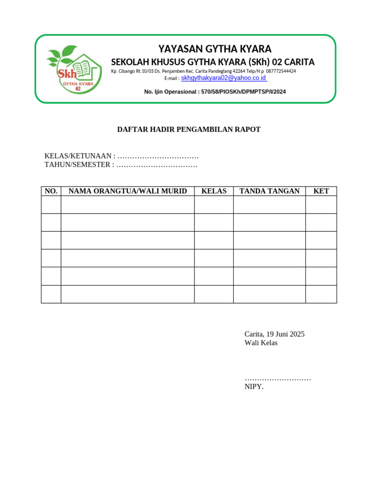 Daftar Hadir Pengambilan Raport | PDF