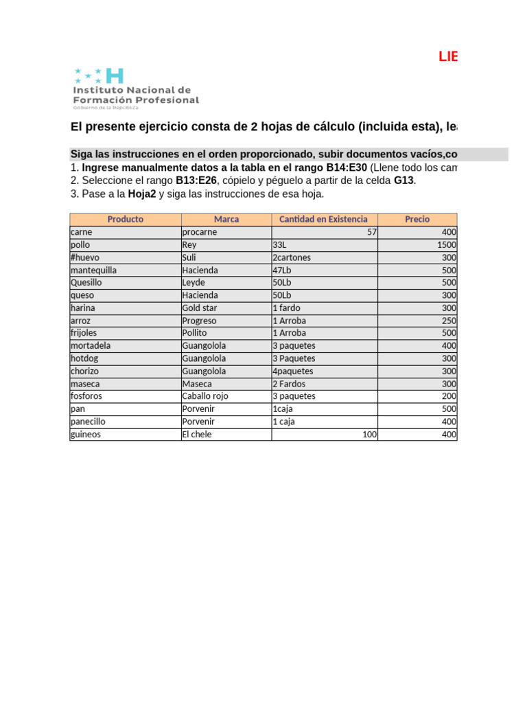 Ejercicio de Manejo de Datos en Excel | PDF | Cocina | Alimentos