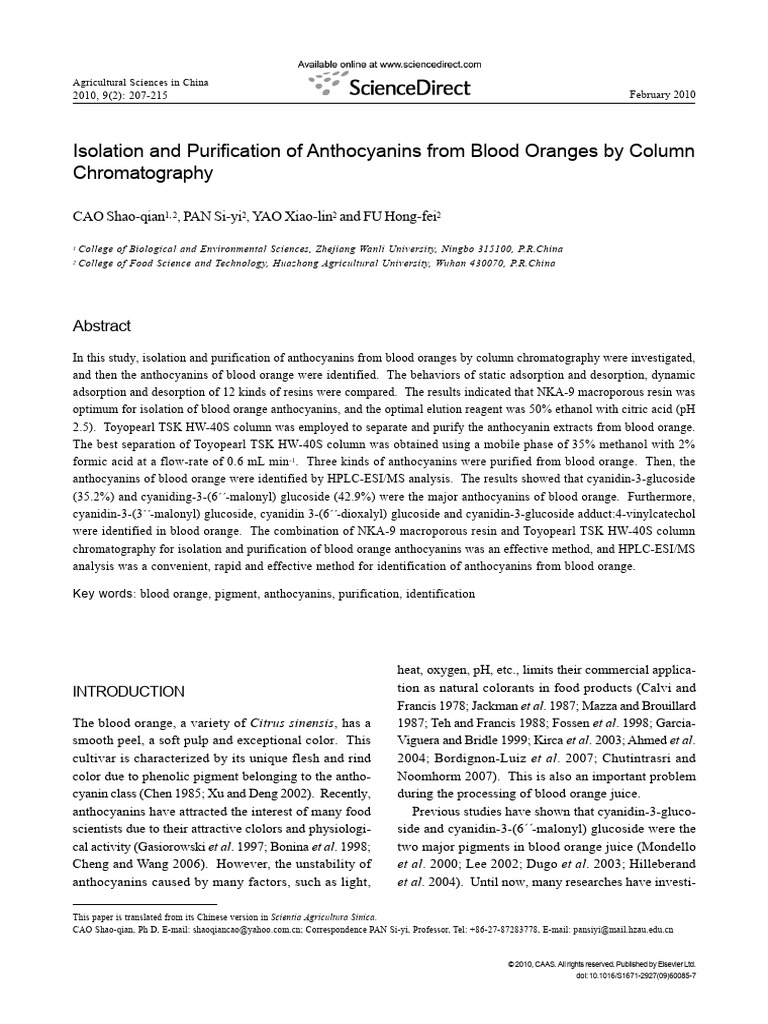 Purification of Blood Orange Anthocyanins | PDF | High Performance ...