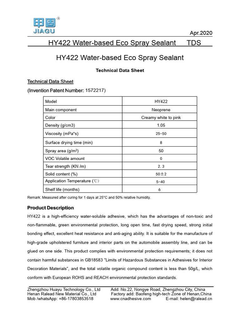 HY422 Eco Water-based Spray Sealant | PDF | Adhesive | Water